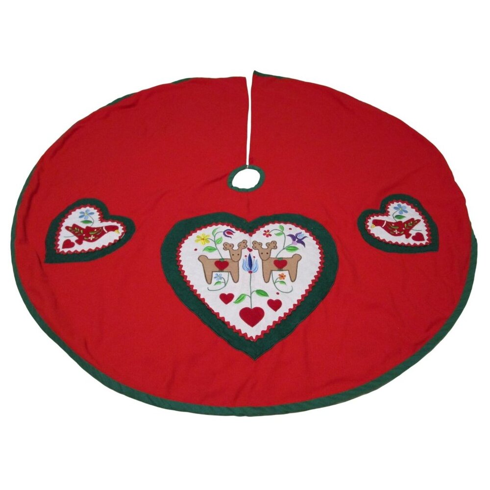 Vintage Holiday Tree Skirt With Heart Birds Reindeer Embroidery Poly Blend GUC